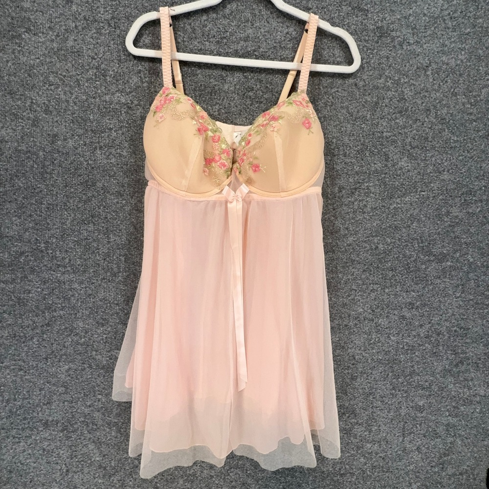 Fairy Core Babydoll Lingerie Women 2X Pink Floral Embroidered Sheer Mesh Whimsy